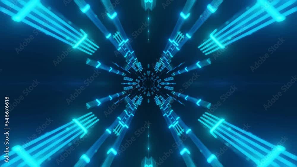 Poster fly through symmetrical technology cyberspace with neon glow. sci-fi flight through hi-tech technolo