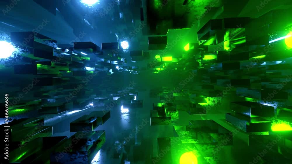 Poster flight through hi-tech technology tunnel with camera shake. neon light and fog, sci-fi constructions