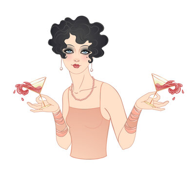 Art Deco vintage illustration of flapper girl with a drink. Retro party character in 1920 s style. Vector design for glamour event or jazz party.