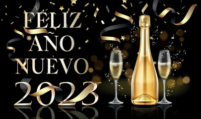 tarjeta o pancarta para desear un feliz año nuevo 2023 en oro sobre fondo negro con una botella de alcohol y dos tazas y alrededor de cinta, lentejuelas, estrellas doradas y círculos en efecto bokeh - obrazy, fototapety, plakaty