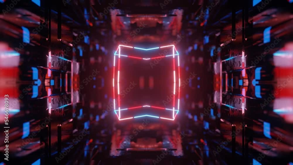 Poster symmetrical 3d object or structure rotates and moves inside glass mirror tunnel with neon light, bri