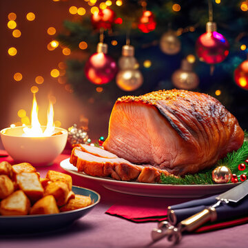 Traditional Christmas smoked roast pork ham sliced ​​on wooden cutting board with Christmas decoration.