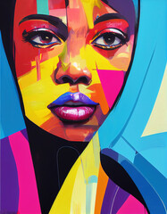 Beautiful black woman in hijab head covering, painted in a fashion illustration style, with vibrant tropical colours and using rich watercolor techniques. Generative ai.
