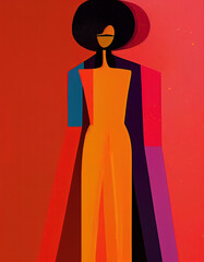 Woman's geometric silhouette painting in a fashion styled illustration, with simplified red tropical colours, featuring the figure of a woman,  in abstract style