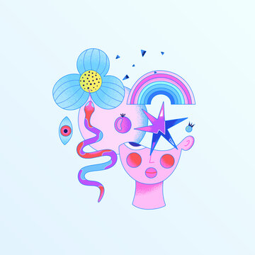 Psychedelic surreal illustration. Mental health. Woman face, flower, snake, rainbow. Psychology. Contemporary art. Print for clothes, phone case, poster, notebook