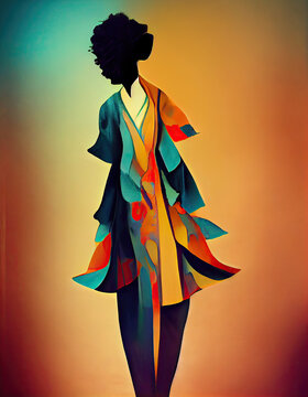 Woman's silhouette painting in a fashion styled illustration, with rich red tropical colours, featuring the figure of a black afro woman,  in abstract style