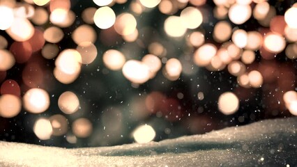 Computer generated 3D illustration of warm white Christmas bokeh lights background with seamless snowing loop. A.I. generated art.
