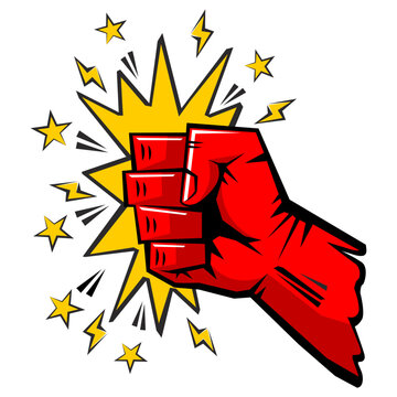 Crushing blow fist,  strong punch drawn in comic style. Fist punching, hit strong fist. Vector on transparent background