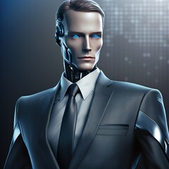 Cyborg male android businessman in a suit. Robot CEO manager in the future. Avatar profile picture.