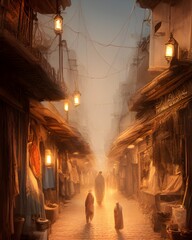 illustration busy street inside a ancient mesopotamian village, night time, roadside, middle eastern style