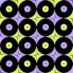 Geometric elements seamless pattern. Vinyl records repeated texture. Disco stars ornament.  Vector design for textile, fabric, background, backdrop, social media, wrapping paper, packaging.