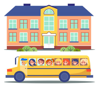 School bus, vector illustration of a school bus with driver and happy school kids on the road. Group of cheerful children going to school in a bus on the background of the facade of school building