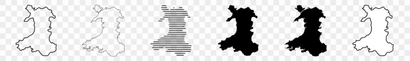 Wales Map Black | Welsh Border | State Country | Transparent Isolated | Variations