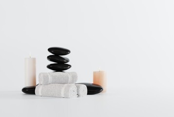 Black massage stones, towel and candles. The concept of massaging, relaxing. SPA and beauty care. 3D render, 3D illustration.