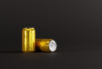 Aluminum cans on a dark background. Concept of using ecological packaging, environmental protection. Aluminum gold cans. 3D render, 3D illustration.