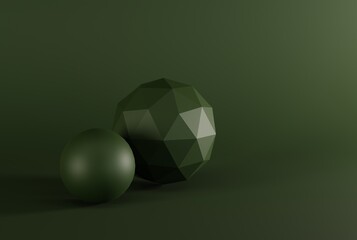 Abstract shapes like a sphere, cylinder on a dark green background. Concept of abstract backgrounds. 3D render, 3D illustration.