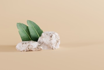 Granite stones on a yellow background, leaf shadow and green plants. Concept of abstract background, background for products and product image. 3D render, 3D illustration.
