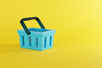 Shopping basket on a yellow background. Shopping concept, Black friday. Shopping basket empty. 3D...