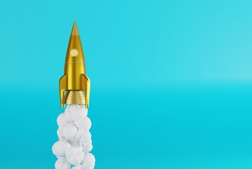 Fototapeta premium Rocket taking off against a blue background. Take-off, business concept. Following goals, climbing, getting promoted. 3D render, 3D illustration.