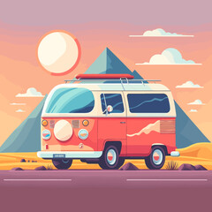 Red bus driving on the road in a colorful landscape - the concept of traveling the world