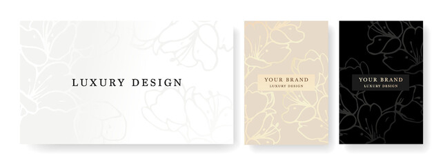 Luxury banner in light colors, frame design set with gold flower pattern. Luxury premium background pattern for menu, elite sale, luxe invite template, ​formal invitation, luxury voucher.