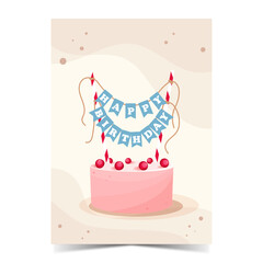 Happy Birthday Greeting Card. Postcard with cake and candle for birthday wishes. Vector illustration	