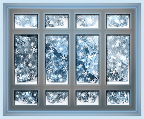 Merry Christmas winter window with hoarfrost banner, vector illustration