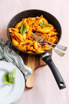 Cooked pasta in frying pan
