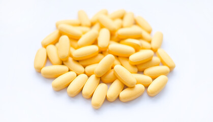 Close-up texture of yellow multivitamin tablets on white background. Healthy lifestyle concept