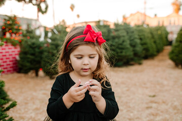 Little girl opens candy cane at Christmas Tree Lot