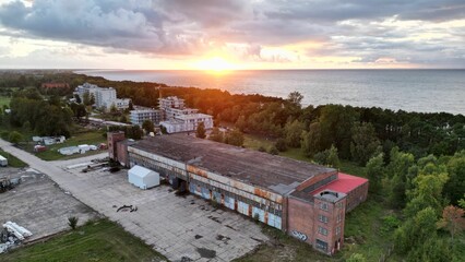 Drone shot over Mielno Hangars of the Luftwaffe base in Uniescie Seaplanes in Mielno - obrazy, fototapety, plakaty