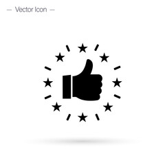 Reputation icon. Thumbs up and rays. Customer review icon, quality evaluation, feedback. Isolated vector illustration.