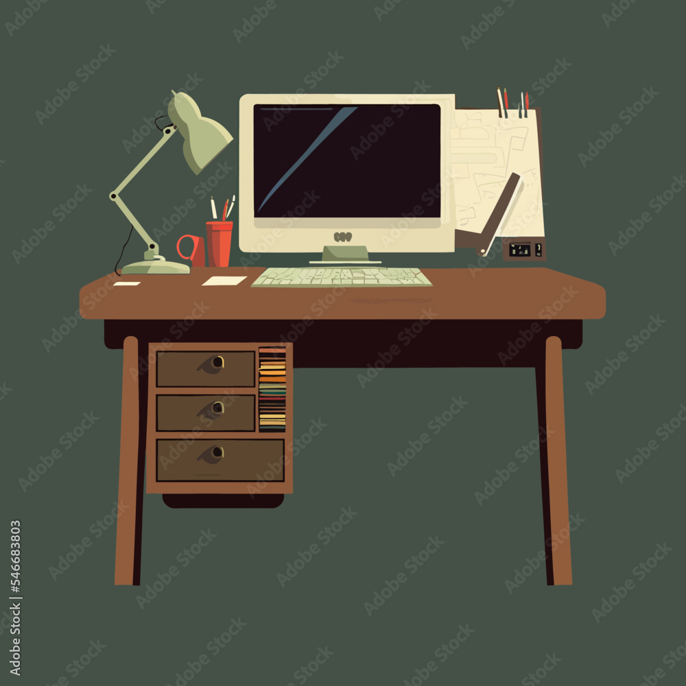 Poster desk with a computer and a lamp - the concept of an office workspace