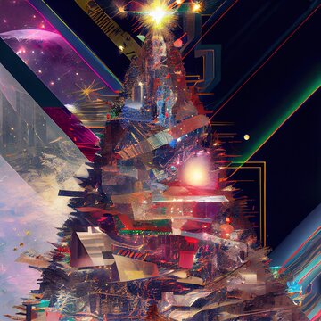 Glitched Christmas tree illustration generated with Artificial Intelligence