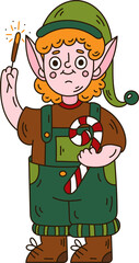 Little Santa Claus helper. Elf boy with sparkler and lollipop. Cute doodle X-mas character