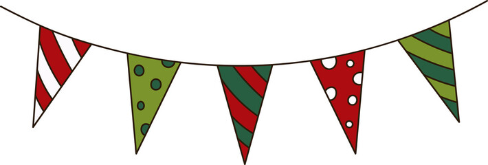 Simple garland with triangle flags. Doodle illustration for Christmas decor. Red and green bunting
