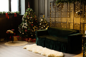 Beautiful holiday decorated room with Christmas tree and bright lights. Christmas background.