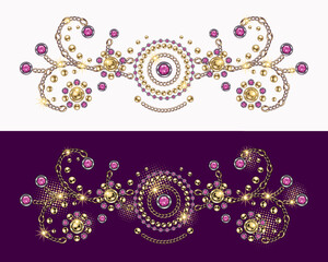Baroque border motif with swirls. Ornament made made of gold jewelry chains, pink gems, rhinestones, ball beads in vintage style. Vector illustration on white, magenta background.