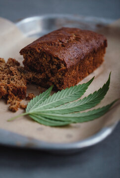 Fresh baked bread loaf with cannabis leaf