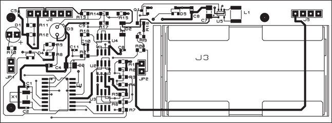 Tracing the conductors of a printed circuit board.
Vector drawing a1 of printed tracks, transition holes,
contact pads and copper metallization areas.
Silkscreen printing, assembly drawing.