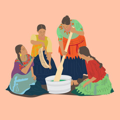 Ilustración en vectores de grupo de mujeres cocineras con trajes típicos y delantales de la cultura Maya indígena de Guatemala, Centro América.