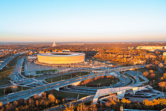 Aerial view of Wroclaw Stadium at sunset in autumn, Wroclaw city panorama, beautiful autumn landscape, Wroclaw, Poland