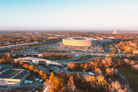 Aerial view of Wroclaw Stadium at sunset in autumn, Wroclaw city panorama, beautiful autumn landscape, Wroclaw, Poland