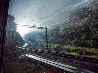 Slow travel by train; sustainable green rail journey adventure, Europe