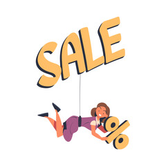 Woman Character Hanging on Discount Hook with Percentage Sign Vector Illustration