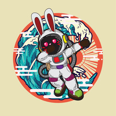 rabbit with astronaut costume illustration for logo, notebook, and background