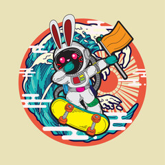 rabbit with astronaut costume illustration for logo, notebook, and background