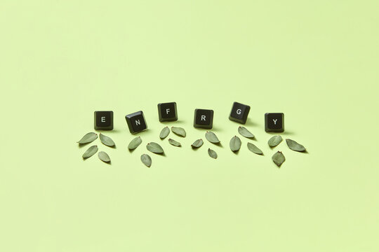 ENERGY computer keys word with green leaves.