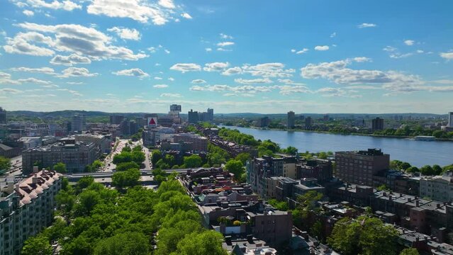 Massachusetts Avenue in Back Bay and Harvard Bridge across Charles River aerial view, with Cambridge at the background, Boston, Massachusetts MA, USA.