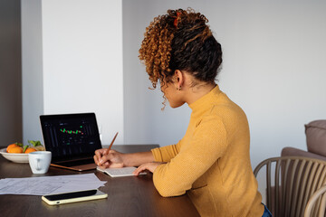 Businesswoman analyzing charts and making notes